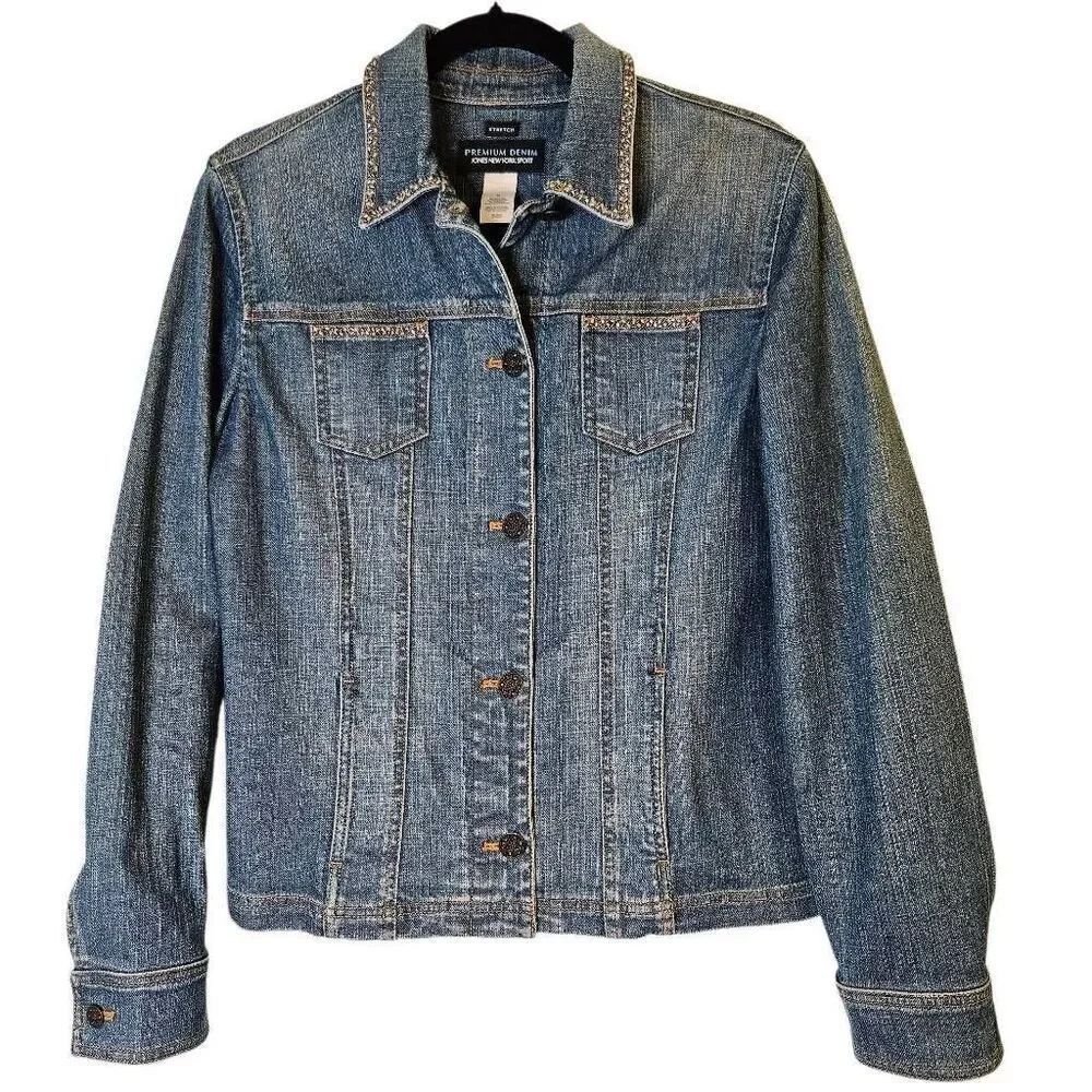 Jones New York Sport stretch denim jacket with beaded accent. M.